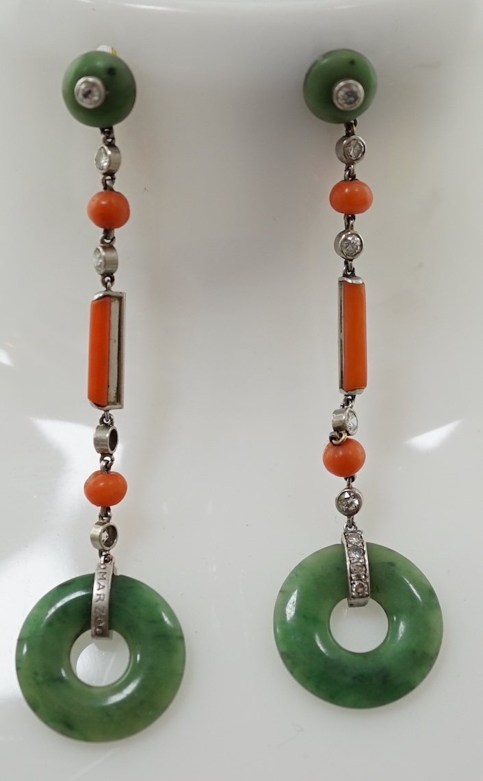 A pair of Art Deco Marzo platinum?, jadeite disc, coral and diamond set drop earrings